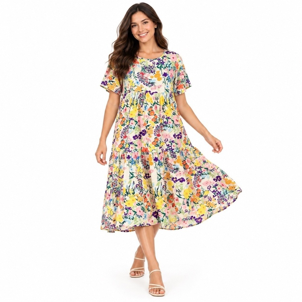 Dazy Floral Tiered Midi Dress Womens XL Multicolor Relaxed Short Sleeve Boho